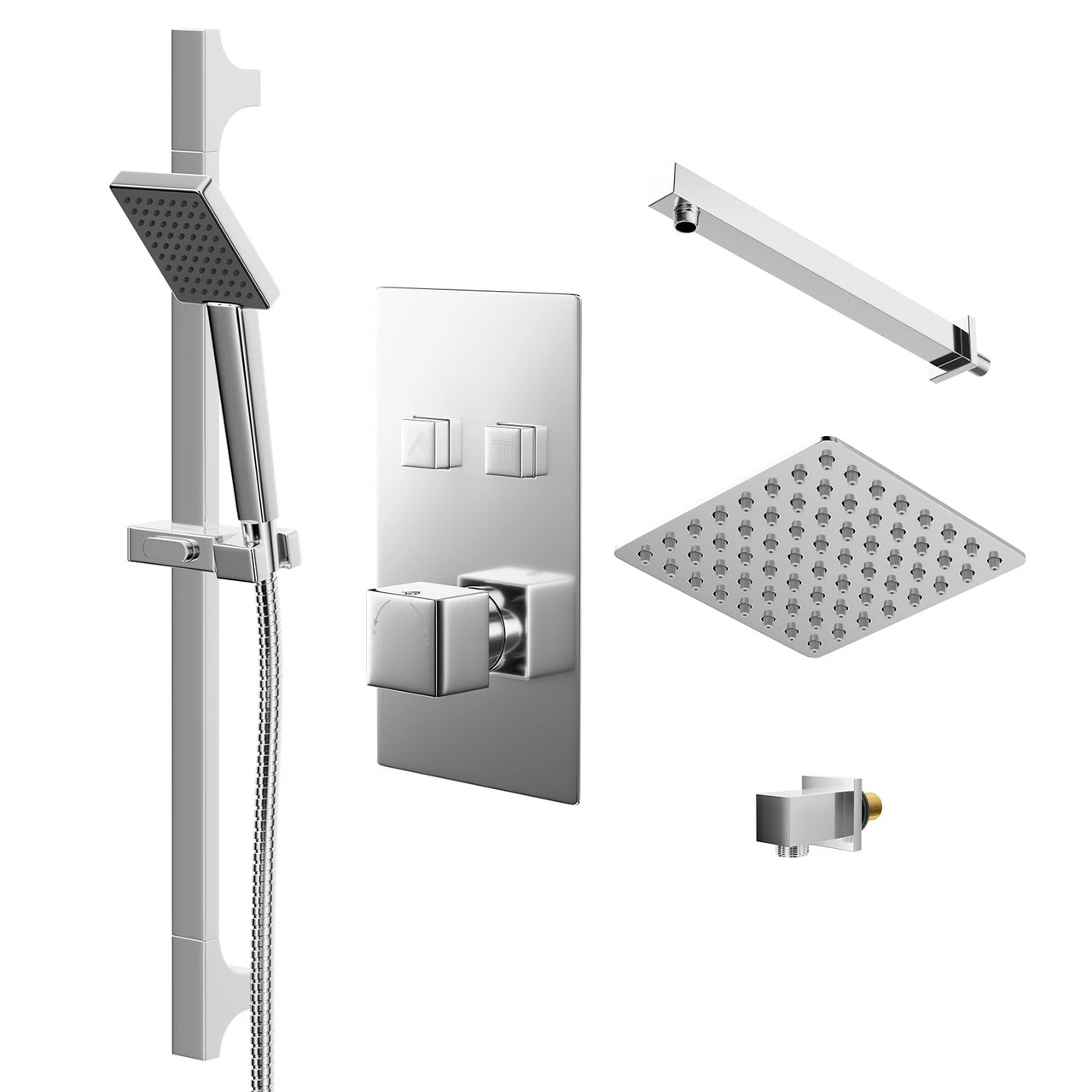 Cubix Polished Chrome Concealed Push Button Twin Thermostatic Shower Valve With Square Fixed Shower Head And Severn Slide Rail Kit - 2 Outlet 3 Cubix Polished Chrome Concealed Push Button Twin Thermostatic Shower Valve With Square Fixed Shower Head And Severn Slide Rail Kit - 2 Outlet