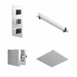 Cubix Polished Chrome Concealed Triple Thermostatic Valve Mixer Shower With Square Fixed Head And Body Jets - 2 Outlet