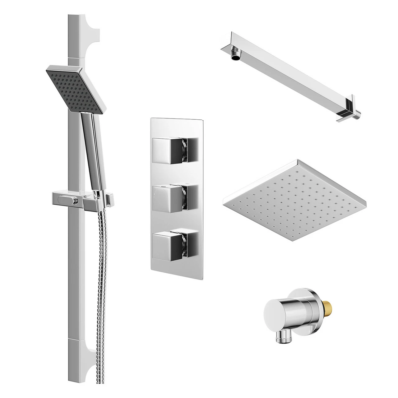Windsor. Cubix Polished Chrome Triple Thermostatic Shower Valve And 200mm Square Fixed Head With Wall Arm And Severn Shower Slide Rail Kit With Round Elbow - 2 Outlet 3 Windsor. Cubix Polished Chrome Triple Thermostatic Shower Valve And 200mm Square Fixed Head With Wall Arm And Severn Shower Slide Rail Kit With Round Elbow - 2 Outlet