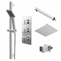 Cubix Polished Chrome Triple Thermostatic Shower Valve And 200mm Square Fixed Head With Wall Arm And Severn Shower Slide Rail Kit With Square Elbow - 2 Outlet