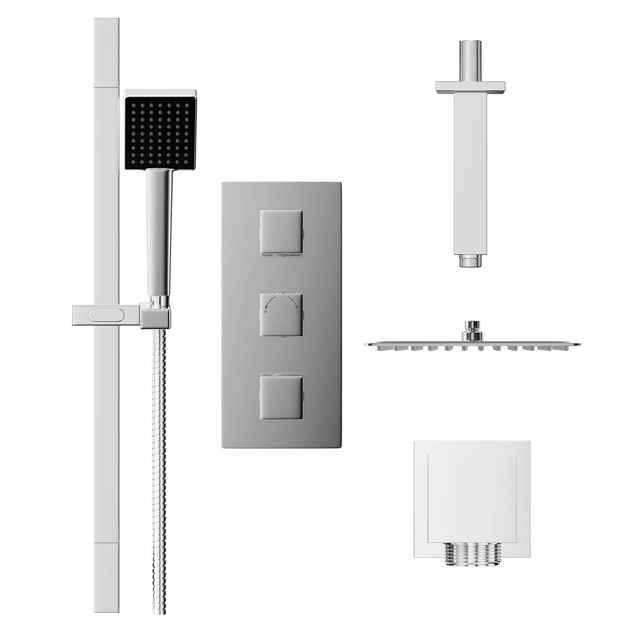 Cubix Polished Chrome Triple Thermostatic Shower Valve And 300mm Thin Square Fixed Head With Ceiling Arm And Severn Shower Slide Rail Kit With Square Elbow - 2 Outlet 4 Cubix Polished Chrome Triple Thermostatic Shower Valve And 300mm Thin Square Fixed Head With Ceiling Arm And Severn Shower Slide Rail Kit With Square Elbow - 2 Outlet - Image 2