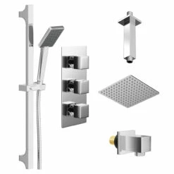 Cubix Polished Chrome Triple Thermostatic Shower Valve And 300mm Thin Square Fixed Head With Ceiling Arm And Severn Shower Slide Rail Kit With Square Elbow - 2 Outlet 10 Cubix Polished Chrome Triple Thermostatic Shower Valve And 300mm Thin Square Fixed Head With Ceiling Arm And Severn Shower Slide Rail Kit With Square Elbow - 2 Outlet -Wholesaledomestic Shop cubix polished chrome triple thermostatic shower valve and 300mm thin square fixed head with ceiling arm and severn shower slide rail kit with square elbow left 93416.1678113877