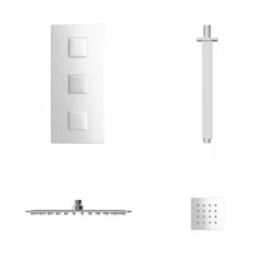 Cubix Polished Chrome Triple Thermostatic Shower Valve And 300mm Thin Square Fixed Head With Ceiling Arm And 4 Square Body Jets - 2 Outlet 9 Cubix Polished Chrome Triple Thermostatic Shower Valve And 300mm Thin Square Fixed Head With Ceiling Arm And 4 Square Body Jets - 2 Outlet -Wholesaledomestic Shop cubix polished chrome triple thermostatic shower valve and 300mm thin square fixed head with ceiling arm and square body jet front 52049.1686321594