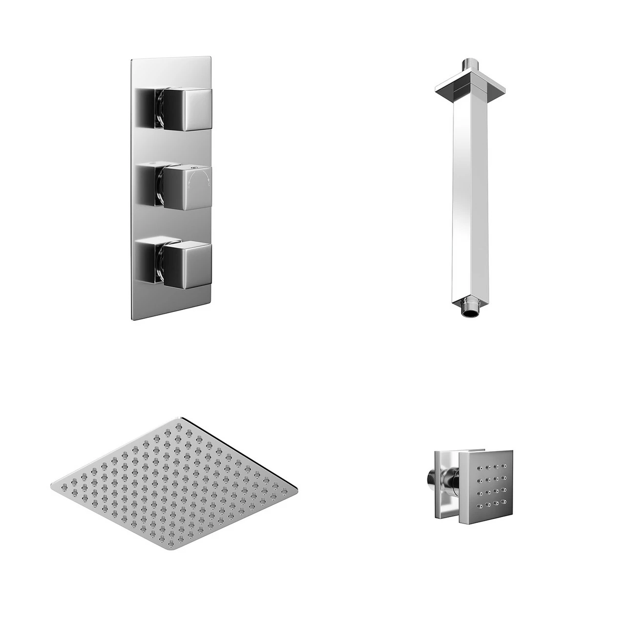Cubix Polished Chrome Triple Thermostatic Shower Valve And 300mm Thin Square Fixed Head With Ceiling Arm And 4 Square Body Jets - 2 Outlet 5 Cubix Polished Chrome Triple Thermostatic Shower Valve And 300mm Thin Square Fixed Head With Ceiling Arm And 4 Square Body Jets - 2 Outlet - Image 3
