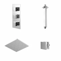 Cubix Polished Chrome Triple Thermostatic Shower Valve And 300mm Thin Square Fixed Head With Ceiling Arm And 4 Square Body Jets - 2 Outlet