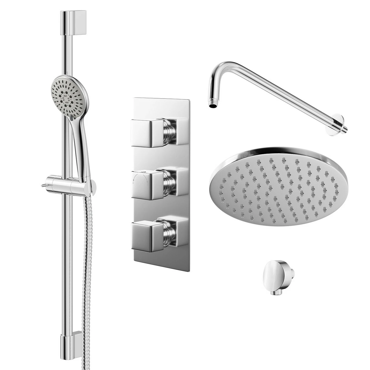 Cubix Polished Chrome Triple Thermostatic Valve Mixer Shower With Round Fixed Head And Avon Shower Slide Rail Kit - 2 Outlet 3 Cubix Polished Chrome Triple Thermostatic Valve Mixer Shower With Round Fixed Head And Avon Shower Slide Rail Kit - 2 Outlet