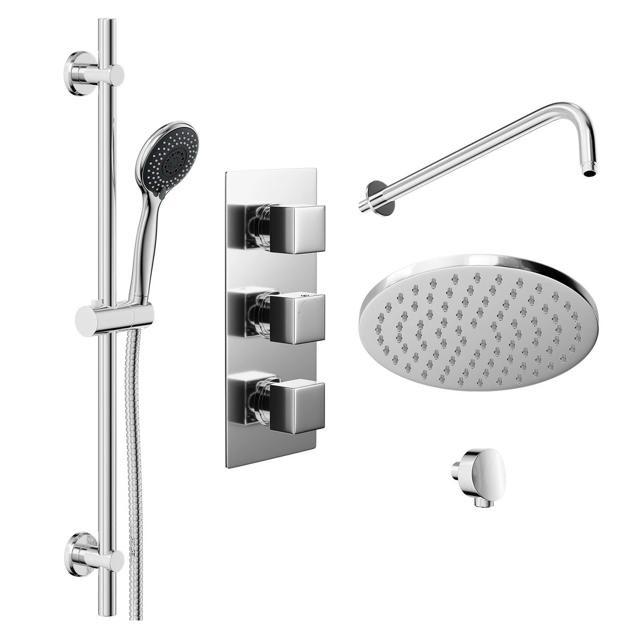 Cubix Polished Chrome Triple Thermostatic Valve Mixer Shower With Round Fixed Head And Clyde Shower Slide Rail Kit - 2 Outlet 5 Cubix Polished Chrome Triple Thermostatic Valve Mixer Shower With Round Fixed Head And Clyde Shower Slide Rail Kit - 2 Outlet - Image 3