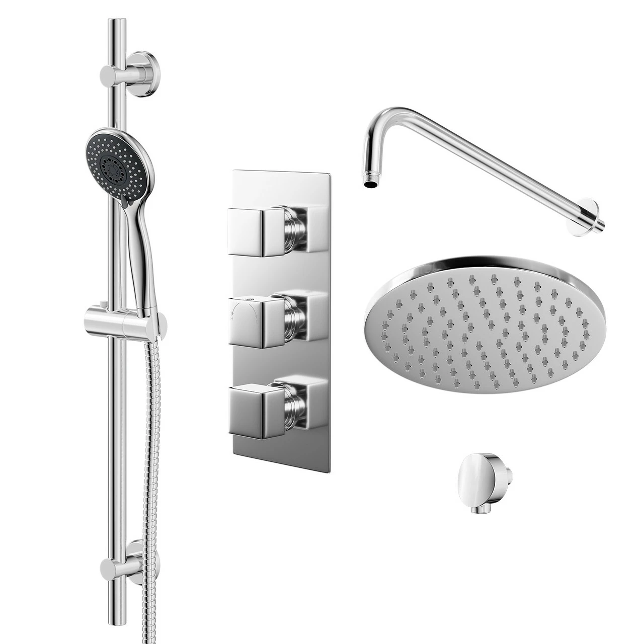 Cubix Polished Chrome Triple Thermostatic Valve Mixer Shower With Round Fixed Head And Clyde Shower Slide Rail Kit - 2 Outlet 3 Cubix Polished Chrome Triple Thermostatic Valve Mixer Shower With Round Fixed Head And Clyde Shower Slide Rail Kit - 2 Outlet