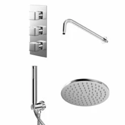Cubix Polished Chrome Triple Thermostatic Valve Mixer Shower With Round Fixed Head And Round Handset Outlet Holder - 2 Outlet