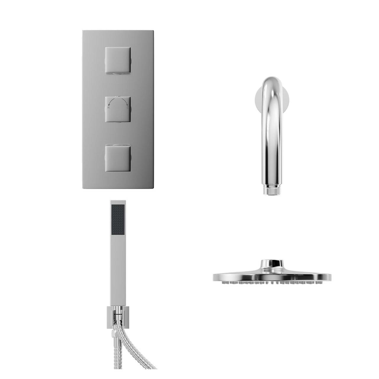 Cubix Polished Chrome Triple Thermostatic Valve Mixer Shower With Round Fixed Head And Square Handset Outlet Holder - 2 Outlet - Image 2