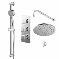 Cubix Polished Chrome Triple Thermostatic Valve Mixer Shower With Round Fixed Head And Tyne Shower Slide Rail Kit - 2 Outlet