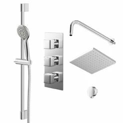 Cubix Polished Chrome Triple Thermostatic Valve Mixer Shower With Square Fixed Head And Avon Shower Slide Rail Kit - 2 Outlet