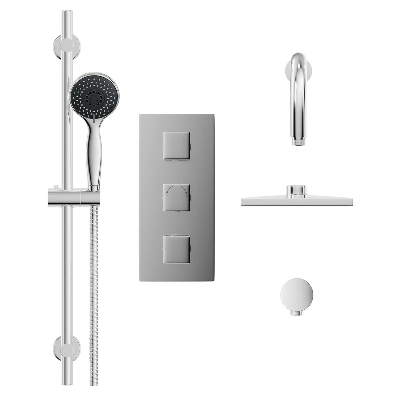 Cubix Polished Chrome Triple Thermostatic Valve Mixer Shower With Square Fixed Head And Clyde Shower Slide Rail Kit - 2 Outlet 4 Cubix Polished Chrome Triple Thermostatic Valve Mixer Shower With Square Fixed Head And Clyde Shower Slide Rail Kit - 2 Outlet - Image 2
