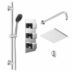 Cubix Polished Chrome Triple Thermostatic Valve Mixer Shower With Square Fixed Head And Clyde Shower Slide Rail Kit - 2 Outlet 10 Cubix Polished Chrome Triple Thermostatic Valve Mixer Shower With Square Fixed Head And Clyde Shower Slide Rail Kit - 2 Outlet -Wholesaledomestic Shop cubix polished chrome triple thermostatic valve mixer shower with square fixed head and clyde shower slide rail kit left 56553.1652445384