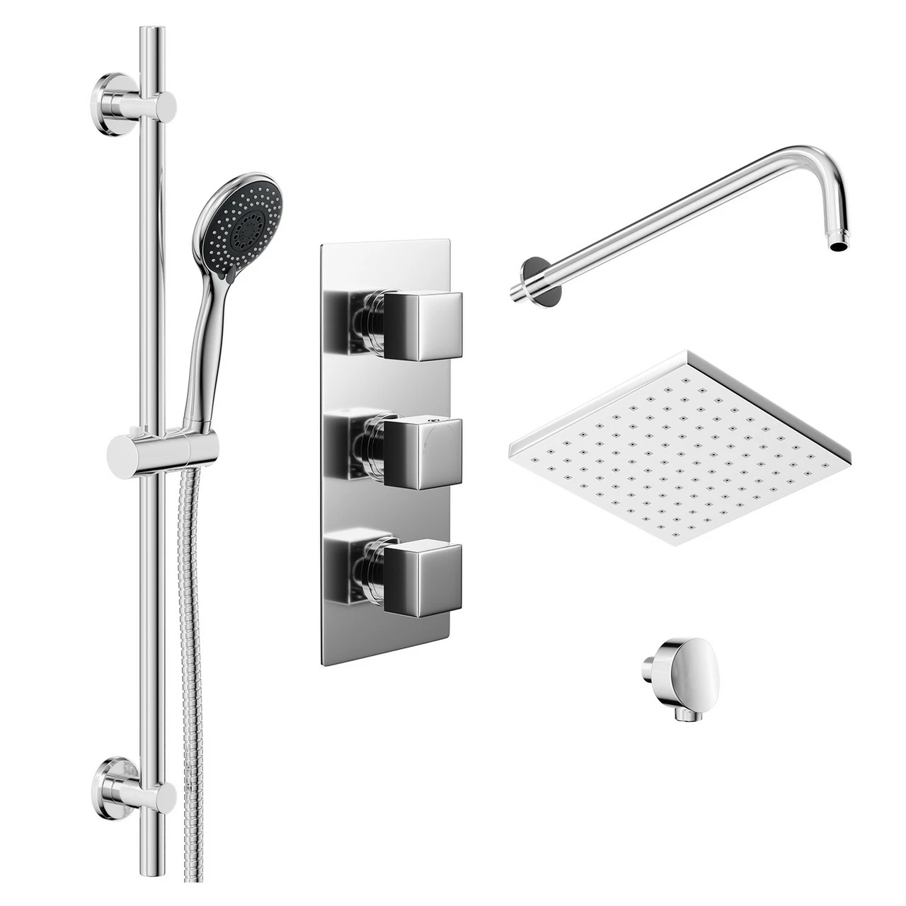 Cubix Polished Chrome Triple Thermostatic Valve Mixer Shower With Square Fixed Head And Clyde Shower Slide Rail Kit - 2 Outlet 5 Cubix Polished Chrome Triple Thermostatic Valve Mixer Shower With Square Fixed Head And Clyde Shower Slide Rail Kit - 2 Outlet - Image 3