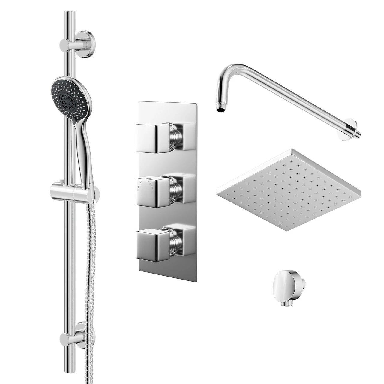 Cubix Polished Chrome Triple Thermostatic Valve Mixer Shower With Square Fixed Head And Clyde Shower Slide Rail Kit - 2 Outlet 3 Cubix Polished Chrome Triple Thermostatic Valve Mixer Shower With Square Fixed Head And Clyde Shower Slide Rail Kit - 2 Outlet
