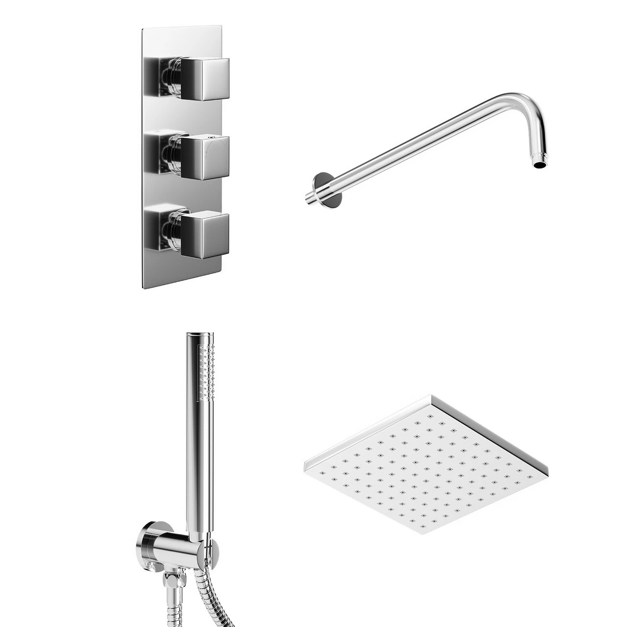 Cubix Polished Chrome Triple Thermostatic Valve Mixer Shower With Square Fixed Head And Round Handset Outlet Holder - 2 Outlet - Image 3