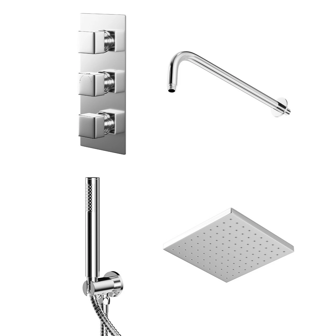 Cubix Polished Chrome Triple Thermostatic Valve Mixer Shower With Square Fixed Head And Round Handset Outlet Holder - 2 Outlet