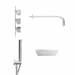 Cubix Polished Chrome Triple Thermostatic Valve Mixer Shower With Square Fixed Head And Round Handset Outlet Holder - 2 Outlet -Wholesaledomestic Shop cubix polished chrome triple thermostatic valve mixer shower with square fixed head and round handset outlet holder side 96900.1676468091