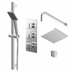 Cubix Polished Chrome Triple Thermostatic Valve Mixer Shower With Square Fixed Head And Severn Shower Slide Rail Kit - 2 Outlet