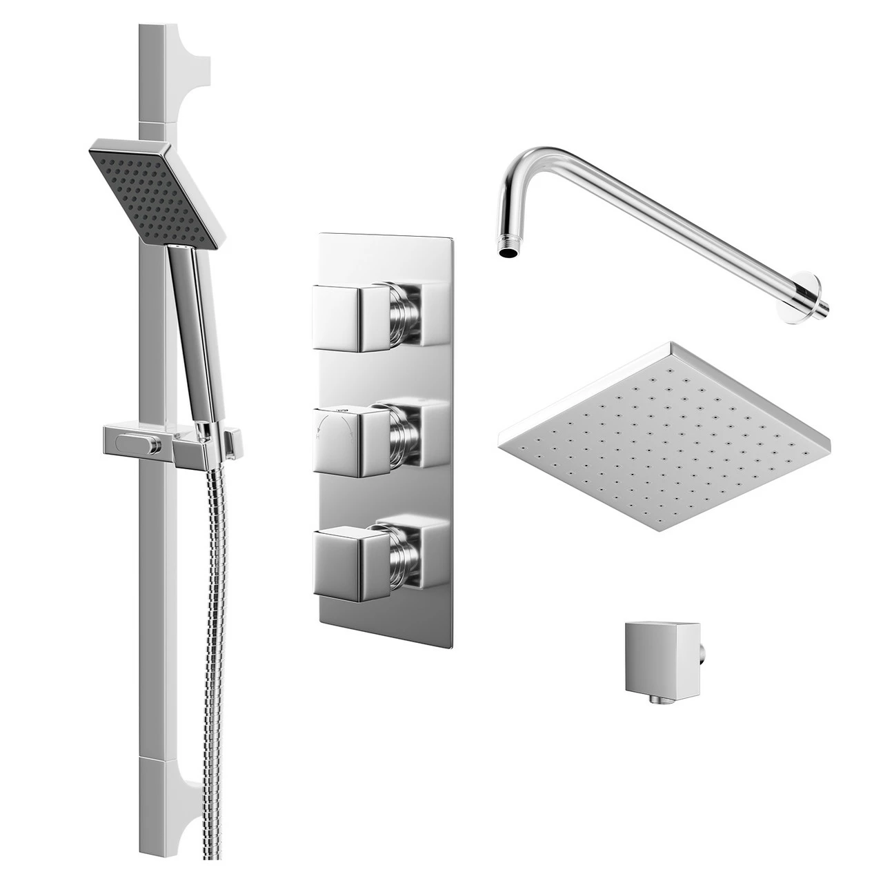 Cubix Polished Chrome Triple Thermostatic Valve Mixer Shower With Square Fixed Head And Severn Shower Slide Rail Kit - 2 Outlet 3 Cubix Polished Chrome Triple Thermostatic Valve Mixer Shower With Square Fixed Head And Severn Shower Slide Rail Kit - 2 Outlet