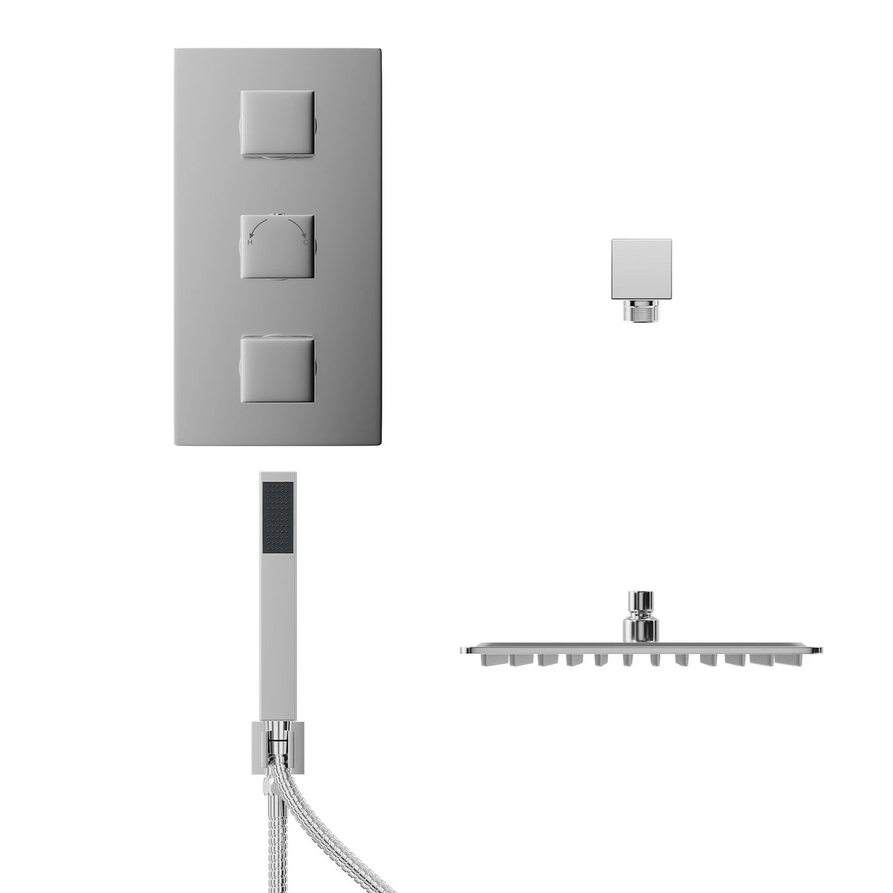 Cubix Polished Chrome Triple Thermostatic Valve Mixer Shower With Thin Square Fixed Head And Square Handset Outlet Holder - 2 Outlet 4 Cubix Polished Chrome Triple Thermostatic Valve Mixer Shower With Thin Square Fixed Head And Square Handset Outlet Holder - 2 Outlet - Image 2