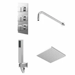 Cubix Polished Chrome Triple Thermostatic Valve Mixer Shower With Square Fixed Head And Square Handset Outlet Holder - 2 Outlet