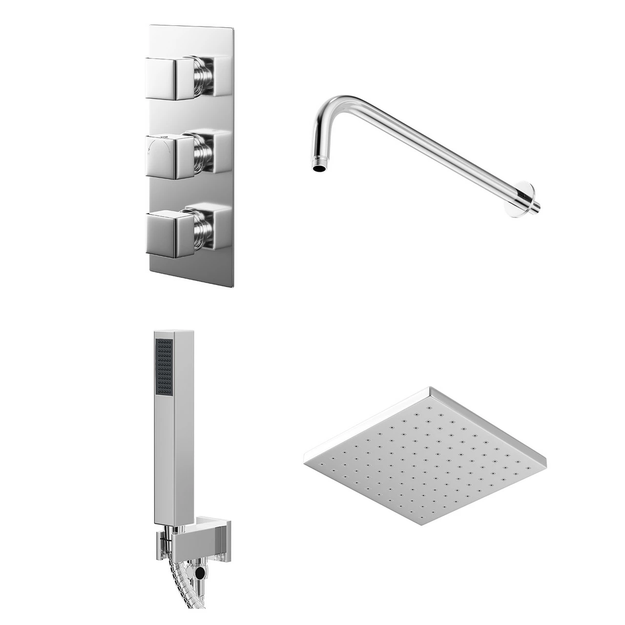 Cubix Polished Chrome Triple Thermostatic Valve Mixer Shower With Square Fixed Head And Square Handset Outlet Holder - 2 Outlet 3 Cubix Polished Chrome Triple Thermostatic Valve Mixer Shower With Square Fixed Head And Square Handset Outlet Holder - 2 Outlet
