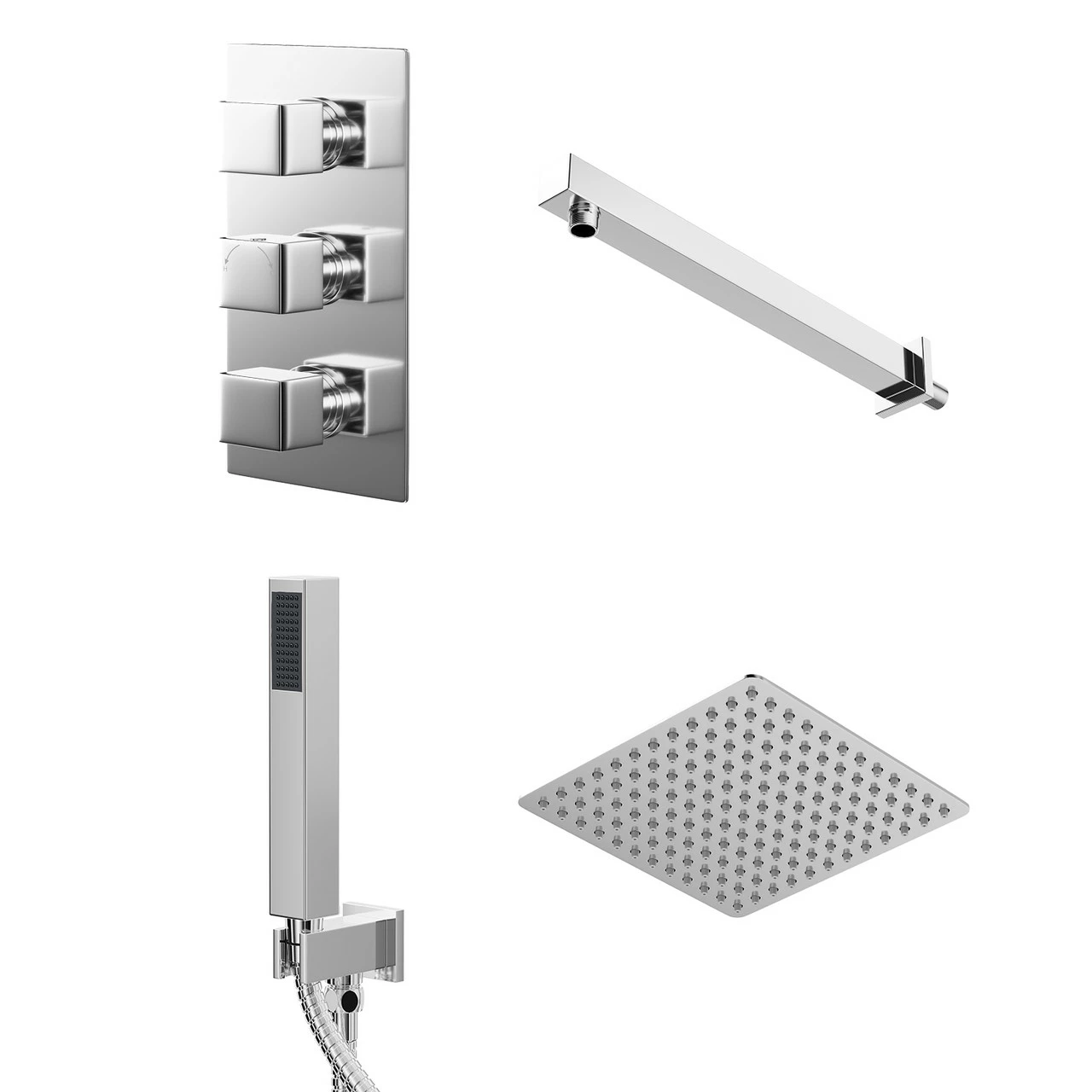 Cubix Polished Chrome Triple Thermostatic Valve Mixer Shower With Thin Square Fixed Head And Square Handset Outlet Holder - 2 Outlet 3 Cubix Polished Chrome Triple Thermostatic Valve Mixer Shower With Thin Square Fixed Head And Square Handset Outlet Holder - 2 Outlet