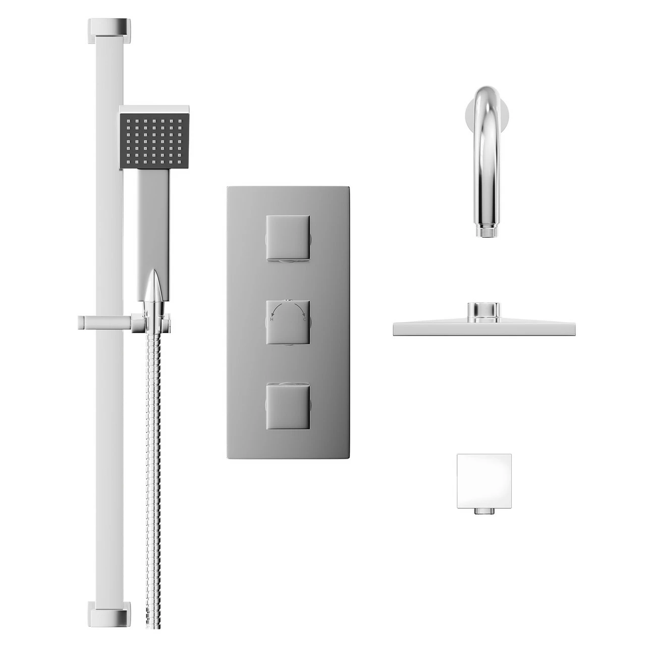 Cubix Polished Chrome Triple Thermostatic Valve Mixer Shower With Square Fixed Head And Thames Shower Slide Rail Kit - 2 Outlet 4 Cubix Polished Chrome Triple Thermostatic Valve Mixer Shower With Square Fixed Head And Thames Shower Slide Rail Kit - 2 Outlet - Image 2