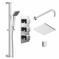 Cubix Polished Chrome Triple Thermostatic Valve Mixer Shower With Square Fixed Head And Thames Shower Slide Rail Kit - 2 Outlet 10 Cubix Polished Chrome Triple Thermostatic Valve Mixer Shower With Square Fixed Head And Thames Shower Slide Rail Kit - 2 Outlet -Wholesaledomestic Shop cubix polished chrome triple thermostatic valve mixer shower with square fixed head and thames shower slide rail kit left 98736.1652445382