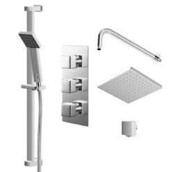 Cubix Polished Chrome Triple Thermostatic Valve Mixer Shower With Square Fixed Head And Thames Shower Slide Rail Kit - 2 Outlet