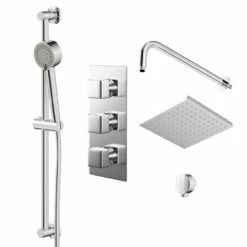 Cubix Polished Chrome Triple Thermostatic Valve Mixer Shower With Square Fixed Head And Tyne Shower Slide Rail Kit - 2 Outlet