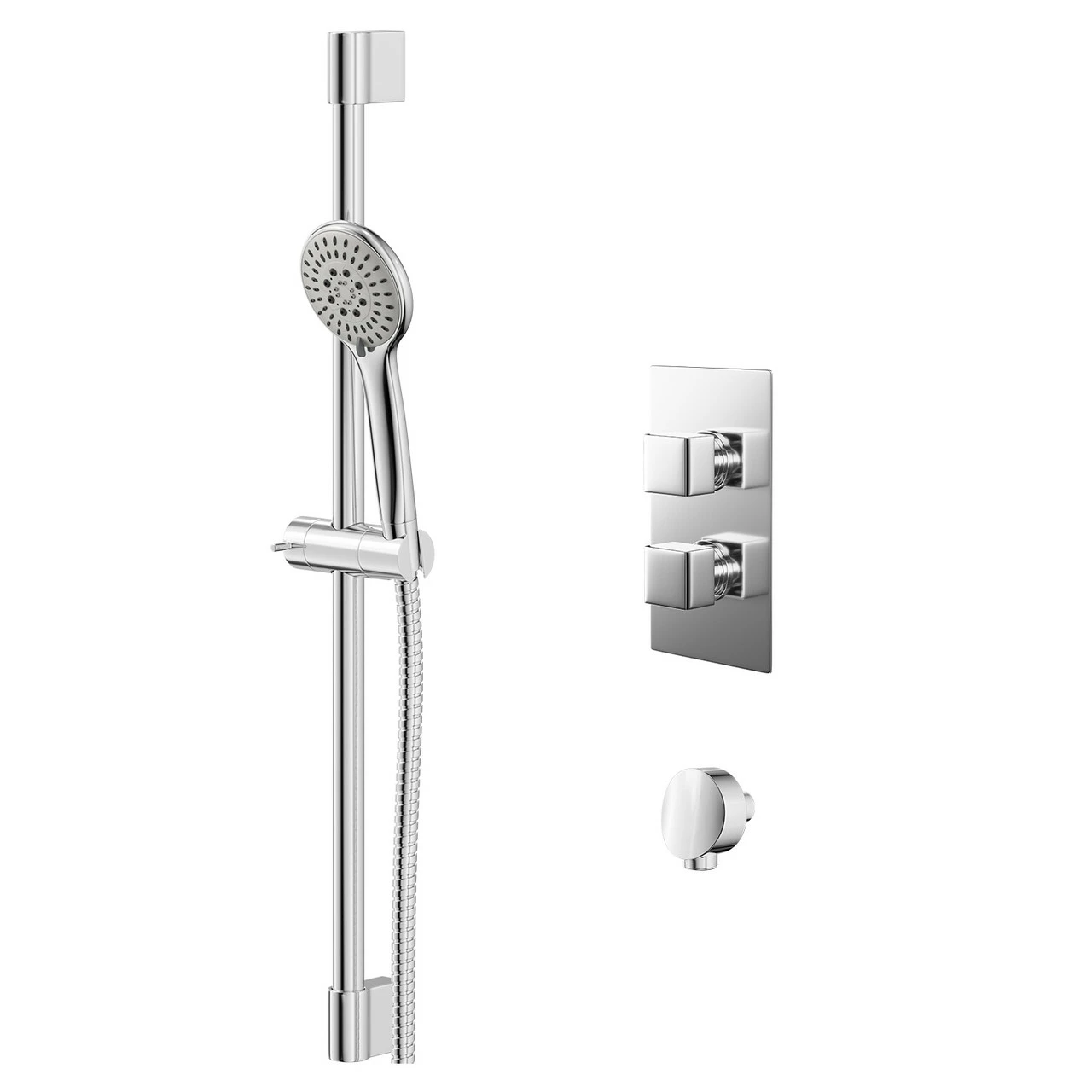 Cubix Polished Chrome Twin Thermostatic Valve Mixer Shower With Avon Slide Rail Kit And Round Shower Elbow - 1 Outlet 3 Cubix Polished Chrome Twin Thermostatic Valve Mixer Shower With Avon Slide Rail Kit And Round Shower Elbow - 1 Outlet