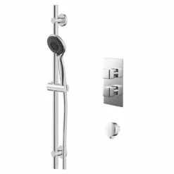 Cubix Polished Chrome Twin Thermostatic Valve Mixer Shower With Clyde Slide Rail Kit And Round Shower Elbow - 1 Outlet