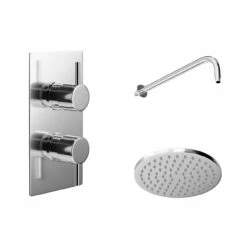 Cubix Polished Chrome Twin Thermostatic Valve Mixer Shower With Round Shower Head And Wall Arm - 1 Outlet -Wholesaledomestic Shop cubix polished chrome twin thermostatic valve mixer shower with round shower head and wall arm left 58765.1652445403