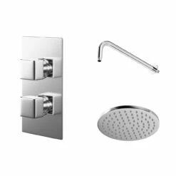 Cubix Polished Chrome Twin Thermostatic Valve Mixer Shower With Round Shower Head And Wall Arm - 1 Outlet