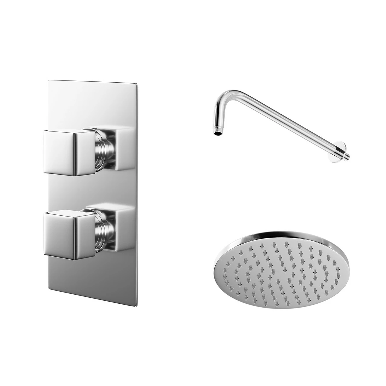 Cubix Polished Chrome Twin Thermostatic Valve Mixer Shower With Round Shower Head And Wall Arm - 1 Outlet