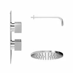 Cubix Polished Chrome Twin Thermostatic Valve Mixer Shower With Round Shower Head And Wall Arm - 1 Outlet -Wholesaledomestic Shop cubix polished chrome twin thermostatic valve mixer shower with round shower head and wall arm side 39522.1652445403