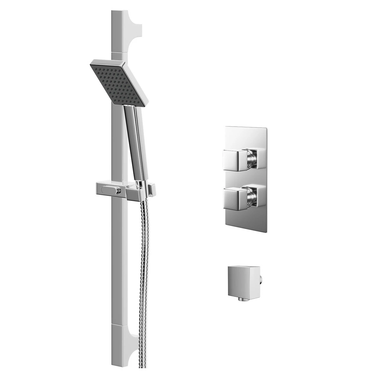 Cubix Polished Chrome Twin Thermostatic Valve Mixer Shower With Severn Slide Rail Kit And Square Shower Elbow - 1 Outlet 3 Cubix Polished Chrome Twin Thermostatic Valve Mixer Shower With Severn Slide Rail Kit And Square Shower Elbow - 1 Outlet