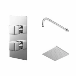 Cubix Polished Chrome Twin Thermostatic Valve Mixer Shower With Square Shower Head And Wall Arm - 1 Outlet