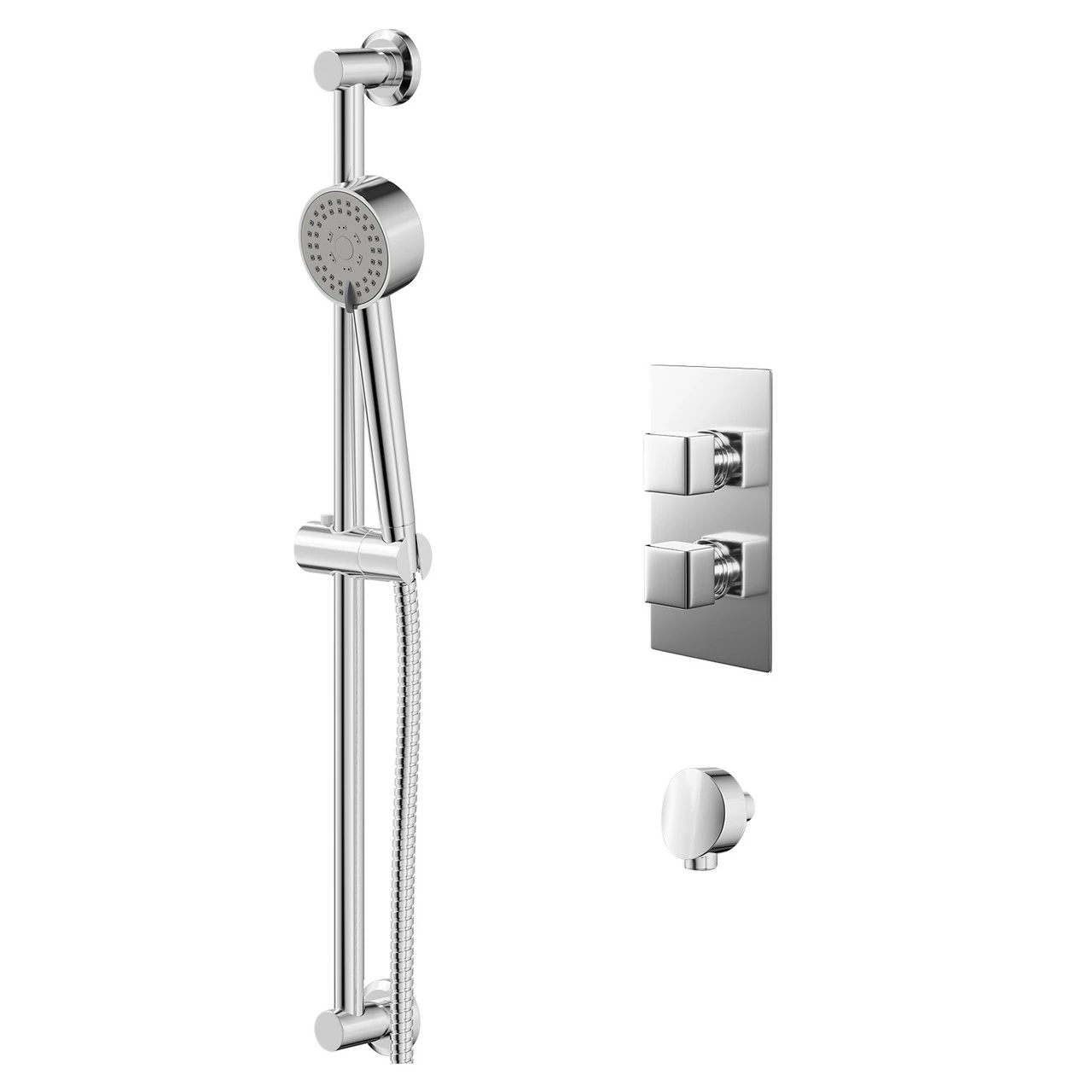 Cubix Polished Chrome Twin Thermostatic Valve Mixer Shower With Tyne Slide Rail Kit And Round Shower Elbow - 1 Outlet 3 Cubix Polished Chrome Twin Thermostatic Valve Mixer Shower With Tyne Slide Rail Kit And Round Shower Elbow - 1 Outlet