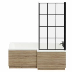 Loire 1700mm Right Hand L Shaped Shower Bath With Matt Black Bath Screen And Bordalino Oak Front And End Bath Panel -Wholesaledomestic Shop loire 1700mm right hand l shaped shower bath with matt black bath screen and bordalino oak front and end bath panel front 88328.1691438790