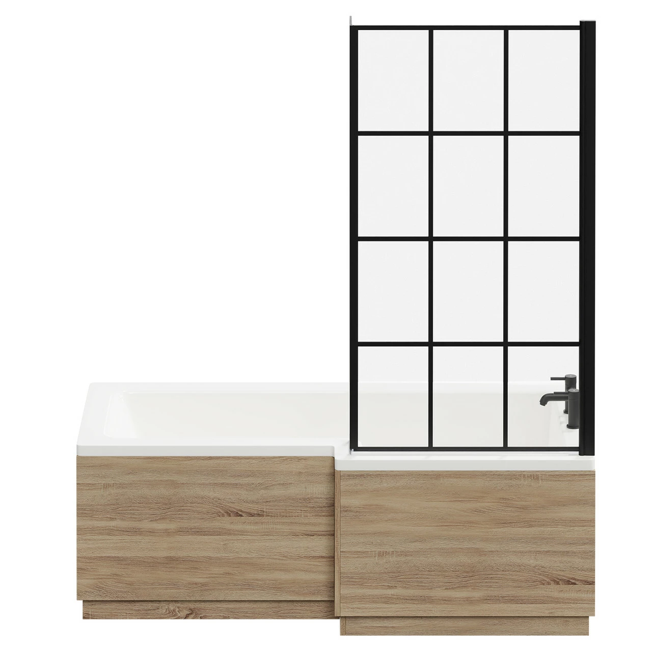 Loire 1700mm Right Hand L Shaped Shower Bath With Matt Black Bath Screen And Bordalino Oak Front And End Bath Panel - Image 4
