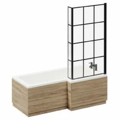 Loire 1700mm Right Hand L Shaped Shower Bath With Matt Black Bath Screen And Bordalino Oak Front And End Bath Panel -Wholesaledomestic Shop loire 1700mm right hand l shaped shower bath with matt black bath screen and bordalino oak front and end bath panel left 17966.1667579137