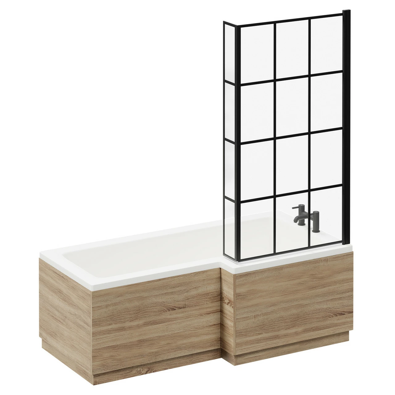 Loire 1700mm Right Hand L Shaped Shower Bath With Matt Black Bath Screen And Bordalino Oak Front And End Bath Panel - Image 3