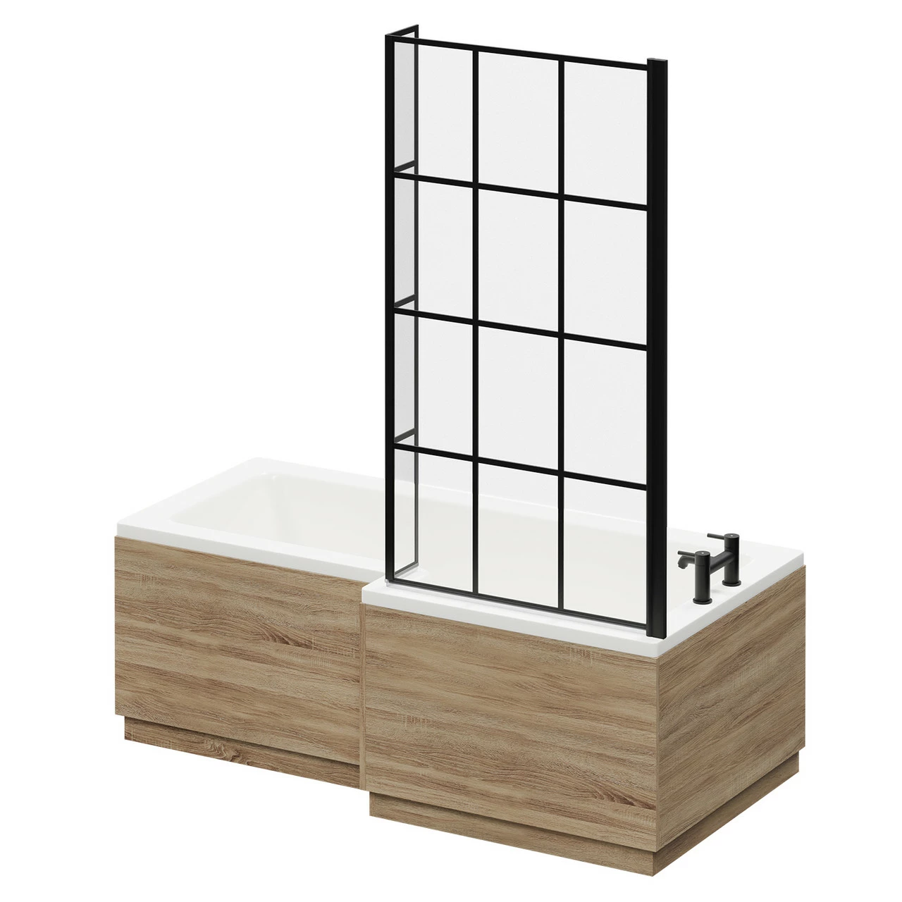Loire 1700mm Right Hand L Shaped Shower Bath With Matt Black Bath Screen And Bordalino Oak Front And End Bath Panel - Image 2