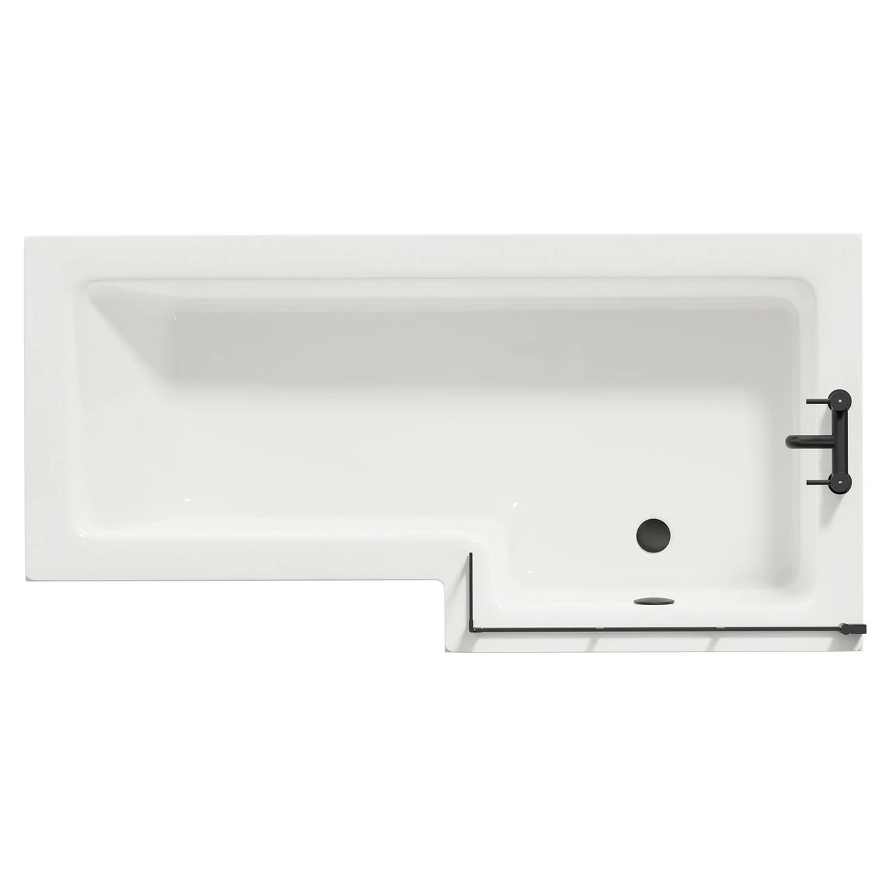 Loire 1700mm Right Hand L Shaped Shower Bath With Matt Black Bath Screen And Bordalino Oak Front And End Bath Panel