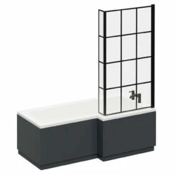 Loire 1700mm Right Hand L Shaped Shower Bath With Matt Black Bath Screen With Gloss Grey Front And End Bath Panel -Wholesaledomestic Shop loire 1700mm right hand l shaped shower bath with matt black bath screen with gloss grey front and end bath panel left 29579.1667579154