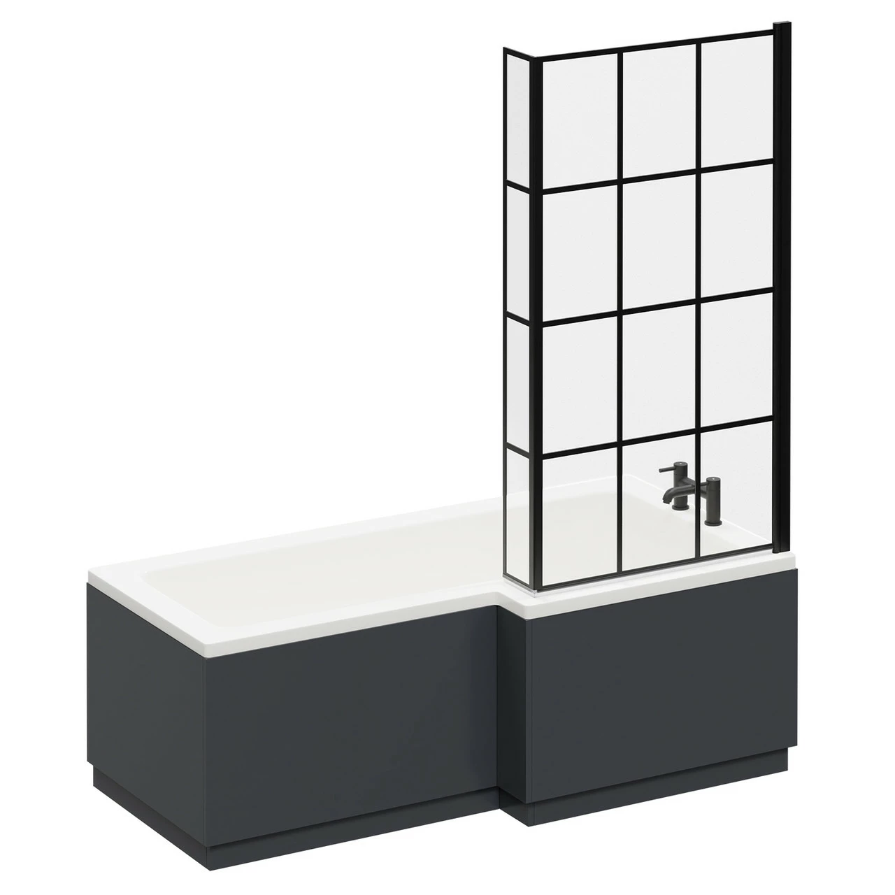Loire 1700mm Right Hand L Shaped Shower Bath With Matt Black Bath Screen With Gloss Grey Front And End Bath Panel - Image 3